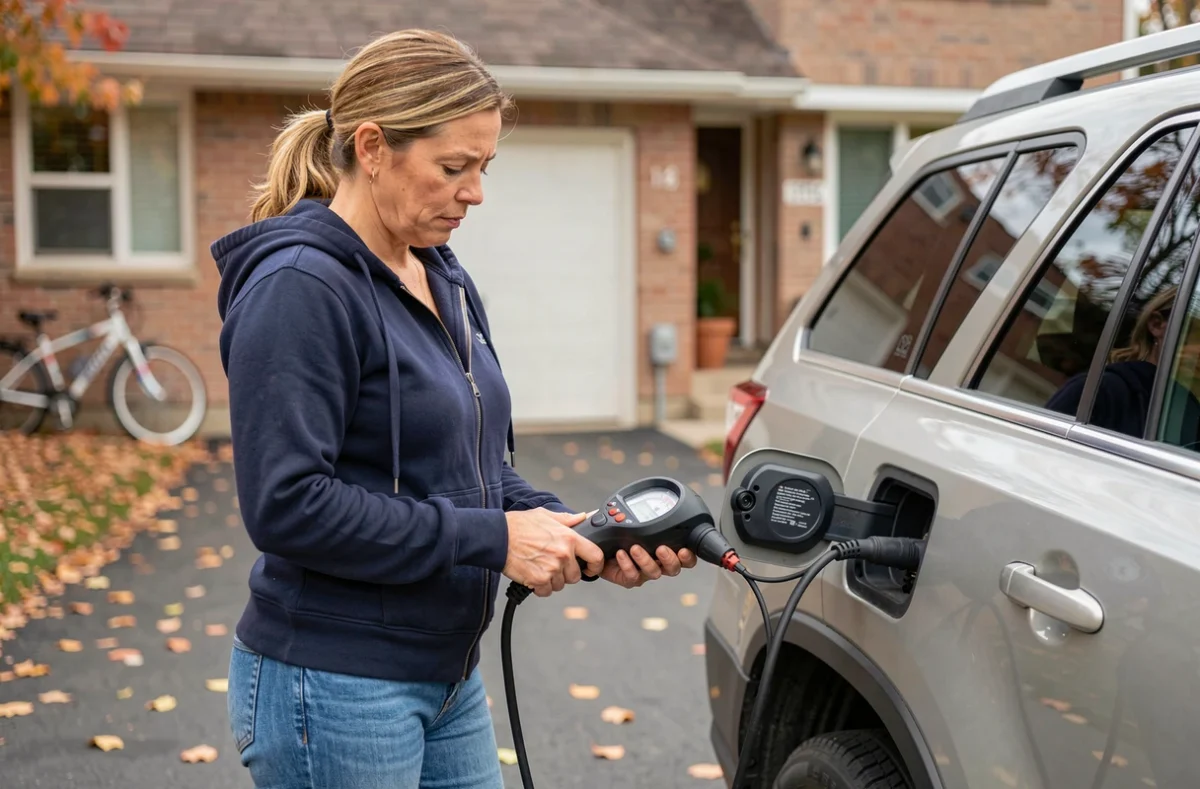 Femme utilisant un gonfleur électrique portable pour gonfler le pneu de son SUV dans une allée résidentielle