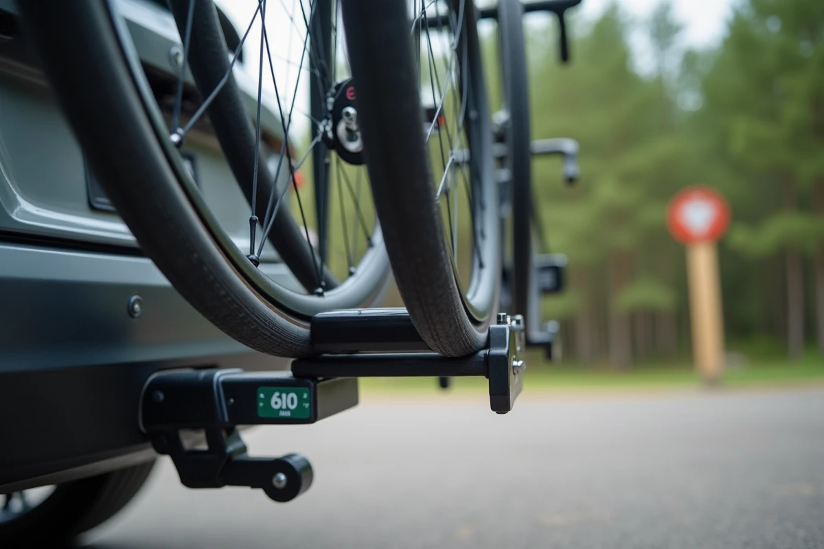 Gros plan sur l'attelage et l'étiquette de charge maximale d'un porte-vélo 4 vélos fixé sur rotule de remorquage