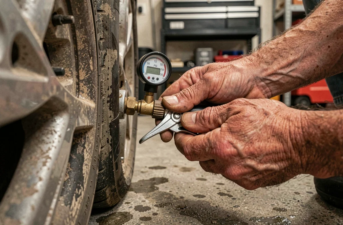Gros plan sur mains gonflant un pneu de voiture avec un manomètre professionnel dans un garage