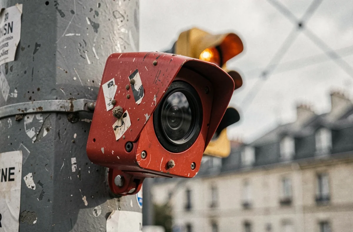 Gros plan sur un radar feu rouge fixé sur un poteau à un carrefour urbain en France