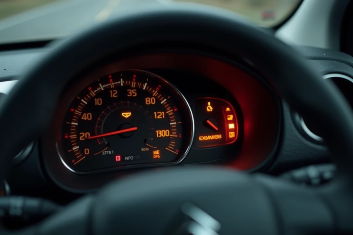 Gros plan sur le voyant moteur orange allumé sur le tableau de bord d'une Citroën C3