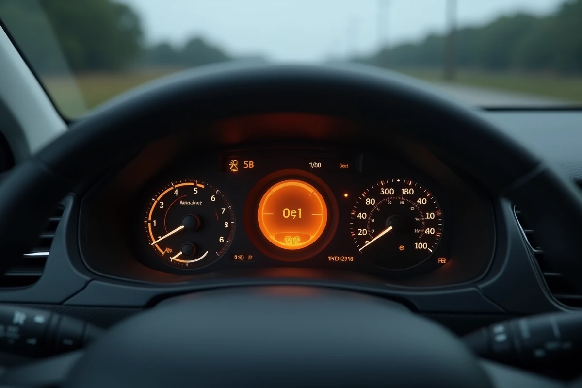 Gros plan sur le tableau de bord d'une Peugeot avec un voyant orange rond allumé visible sur l'écran du combiné d'instruments