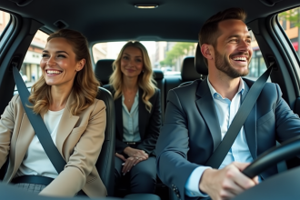 Trois adultes souriants dans une voiture moderne en ville