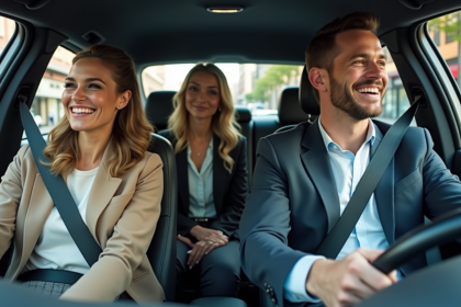 Trois adultes souriants dans une voiture moderne en ville