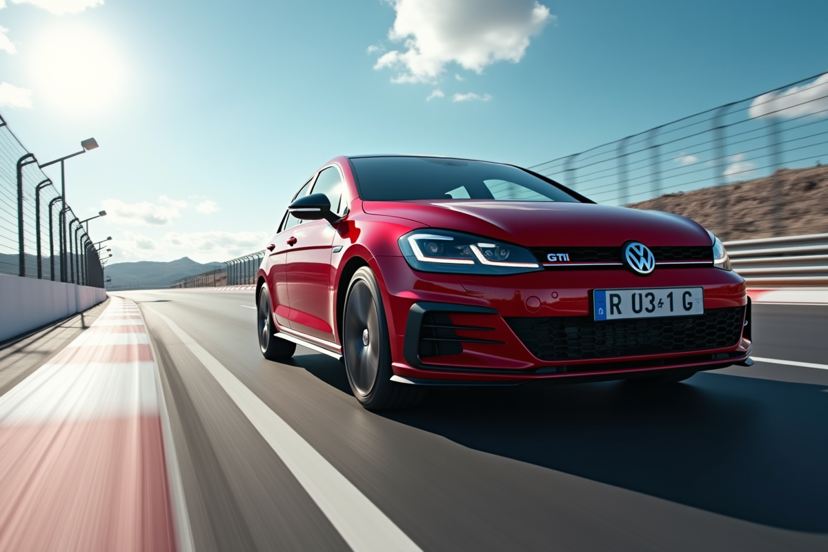 GTI 2025 en action sur circuit avec vitesse et design détaillé