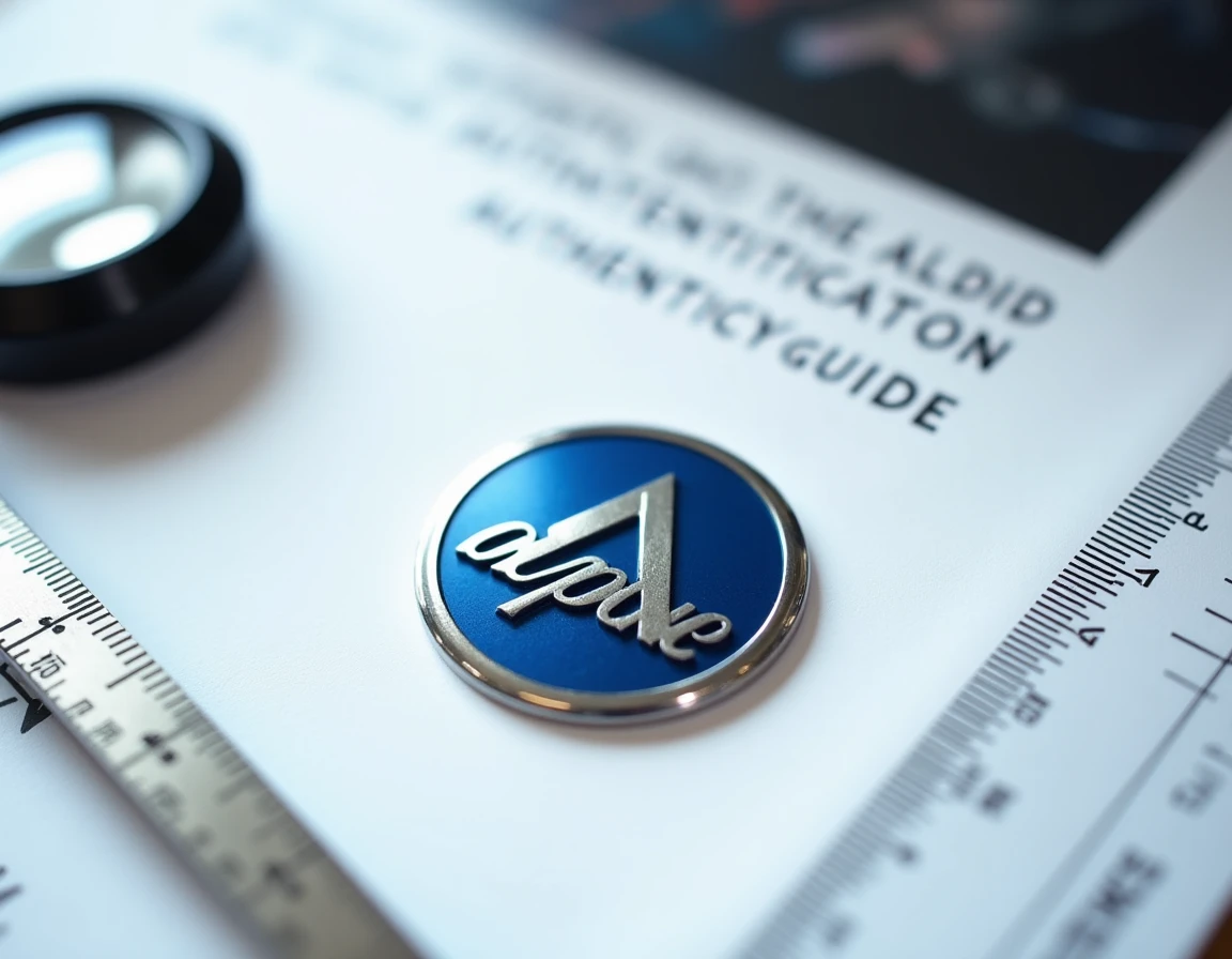 Guide d'authentification du logo Alpine avec loupe et règle pour identifier les contrefaçons