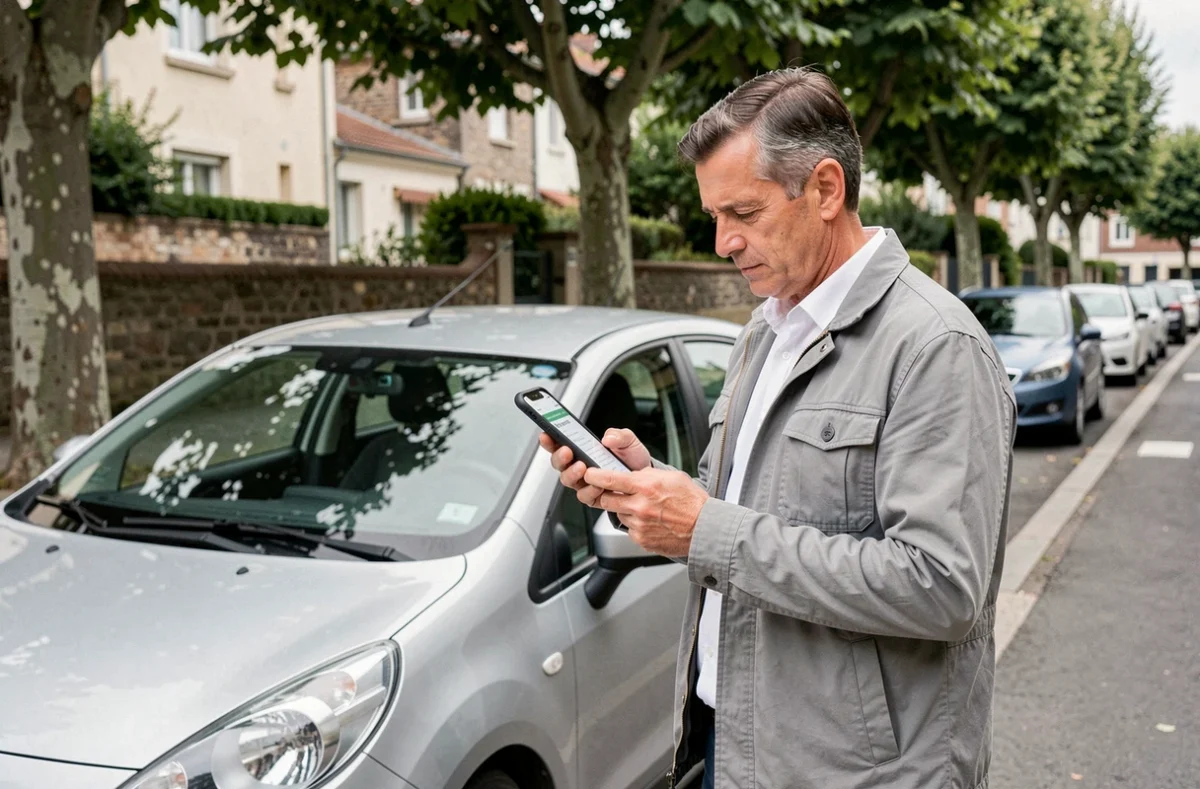 Homme consultant son smartphone pour trouver une assurance auto économique sans frais de dossier