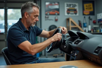 Homme regardant deux tableaux de bord Peugeot 208 dans un atelier