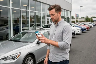 Homme consultant un comparateur de dimensions de voitures sur son smartphone dans un parking de concessionnaire automobile