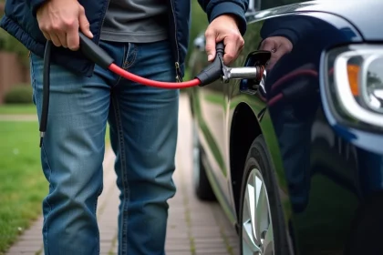 Homme connectant câbles de démarrage à une voiture moderne