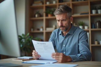 Homme d'âge moyen examinant des papiers d'assurance auto à domicile