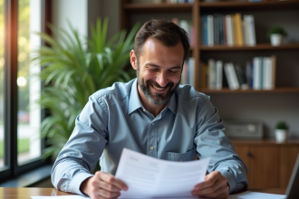 Homme d'âge moyen vérifiant documents d'assurance voiture