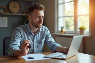Homme vérifiant documents d'assurance voiture à la maison