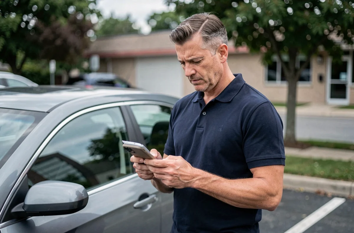 Homme obtenant un devis d'assurance auto sur smartphone debout à côté de sa voiture