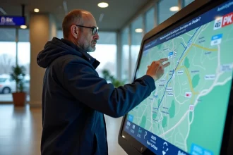 Homme interactant avec un écran tactile à une aire de repos