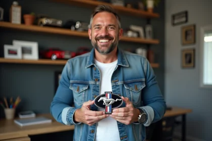 Homme souriant tenant un emblème Ford Mustang dans un espace moderne