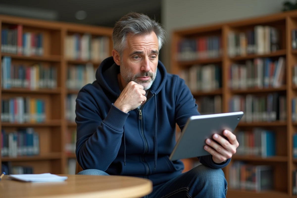Homme d'une quarantaine d'années qui s'entraîne sur un test de code de la route en ligne depuis une tablette dans une bibliothèque, révision après une longue interruption