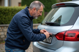Homme français attachant une nouvelle plaque d'immatriculation