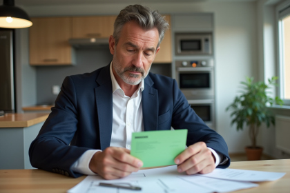 Homme français vérifiant ses documents d'assurance