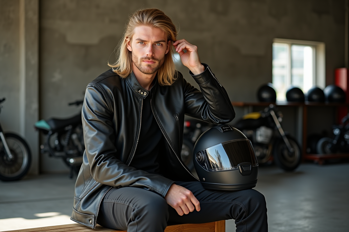 Jeune homme en garage avec casque moto et veste en cuir