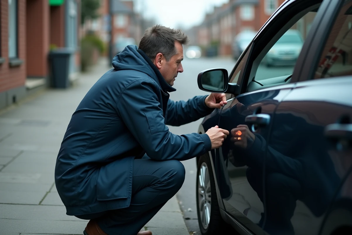 Homme inspectant le voyant d'avertissement point d'exclamation sur le tableau de bord d'une voiture compacte