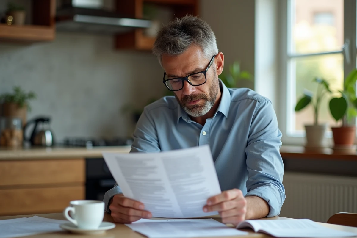 Homme d'âge moyen lisant des documents dans une cuisine moderne