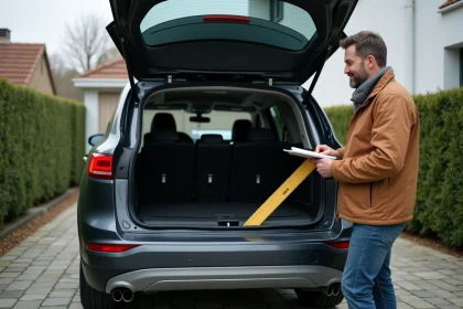 Homme mesurant le coffre d'un SUV moderne en extérieur