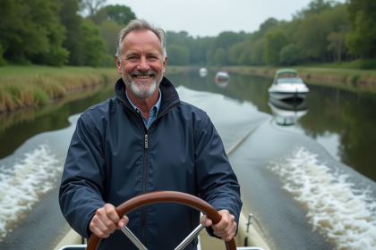 Homme d'âge moyen en bateau sur une rivière calme