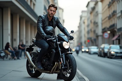 Homme en moto futuriste dans une ville moderne