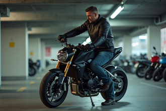 Homme en moto sécurisant sa moto en parking urbain