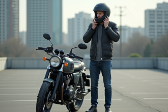 Homme en moto en ville ajustant son casque en extérieur