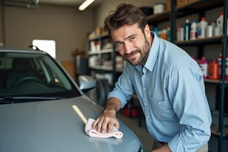 Homme nettoyant la voiture dans un garage lumineux