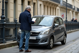 Homme français vérifiant un ticket de stationnement devant une voiture à Paris
