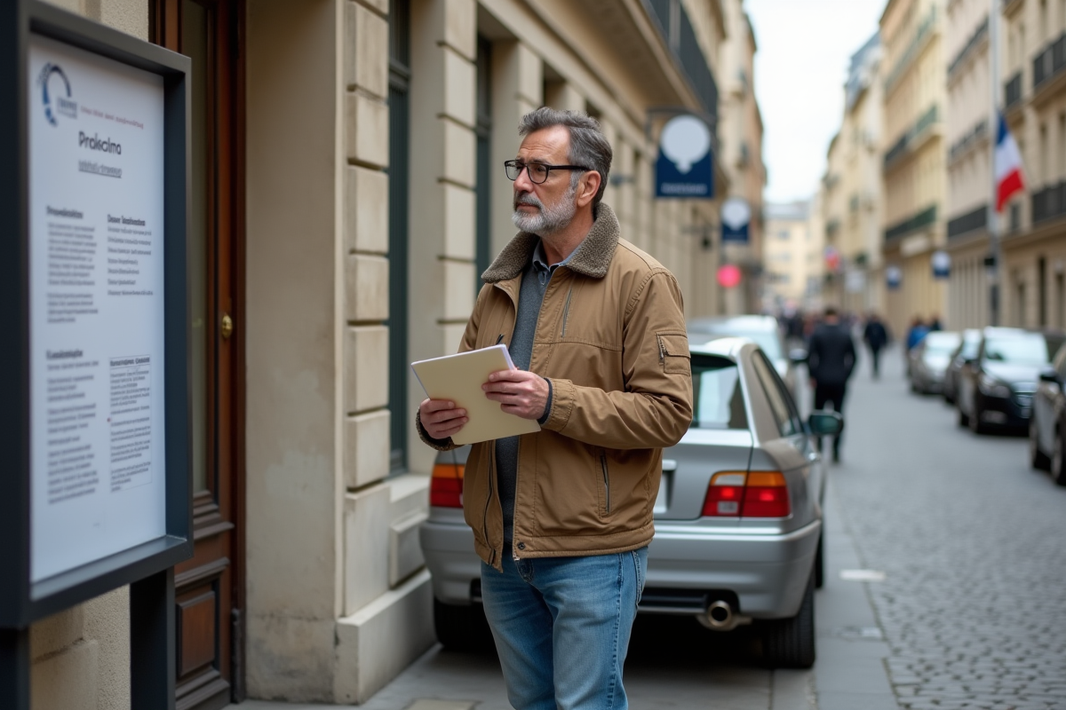 Homme regardant un panneau d information devant la préfecture