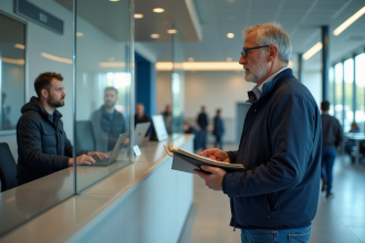 Homme d age en service administratif pour renouveler son véhicule