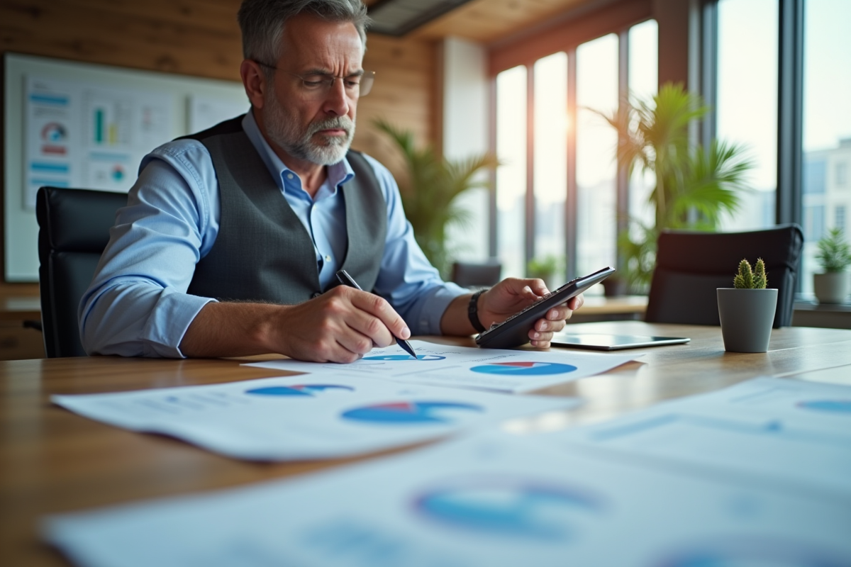 Homme d affaires réfléchit devant des graphiques financiers
