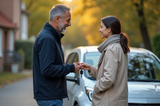 Homme souriant remet ses clés de voiture à une femme