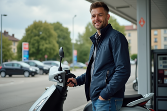 Homme remplissant son scooter à une station-service urbaine