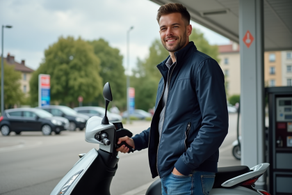 Homme remplissant son scooter à une station-service urbaine