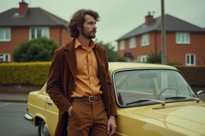 Homme dans les années 70 à côté d'une Renault 12