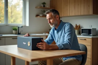 Homme en bleu examine une box Veigaro dans une cuisine moderne