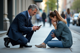 Homme en costume appelant les secours en ville avec femme à côté