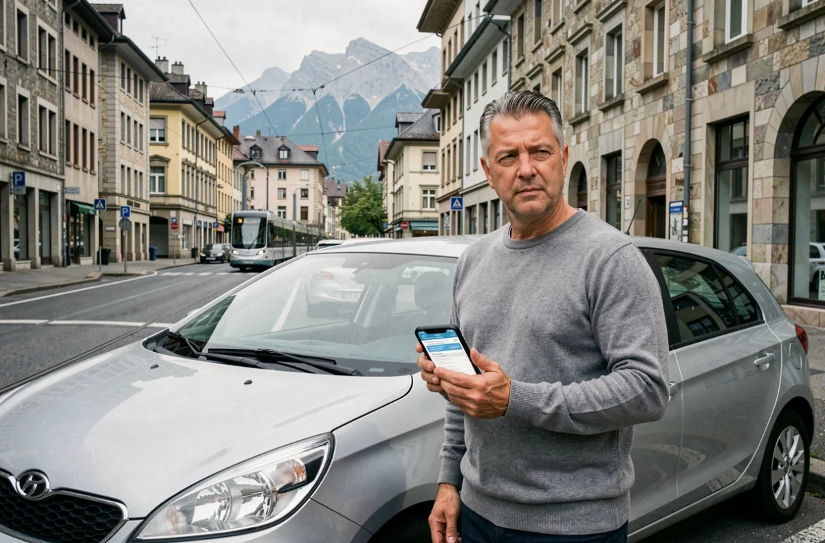 Homme consultant une application de comparaison d'assurance auto à côté de sa voiture à Grenoble