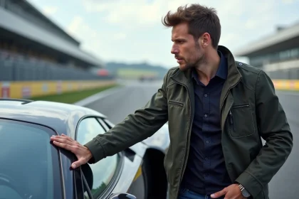 Homme admirant une supercar sur circuit en extérieur