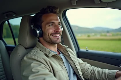 Homme en voiture SUV en campagne avec paysage verdoyant