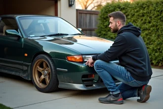 Homme examinant la carrosserie d'une Nissan Silvia S14a