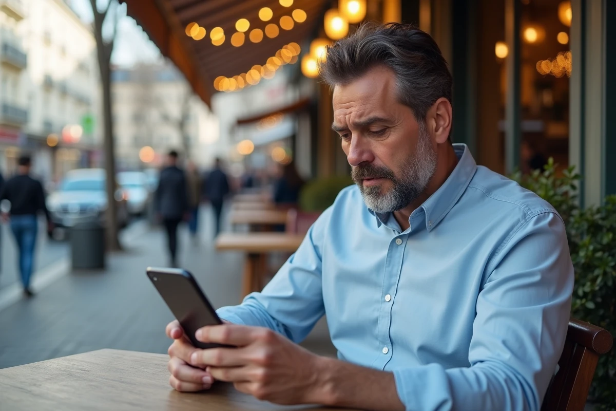 Homme vérifiant un permis sur smartphone en terrasse