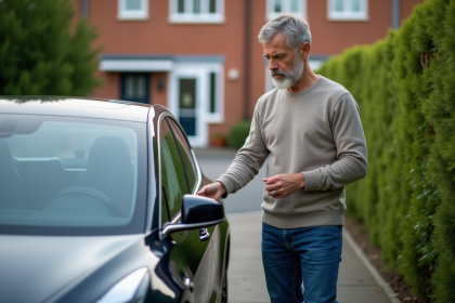 Homme inspectant la roue d'une voiture électrique en extérieur