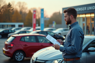 Homme vérifiant une voiture d'occasion en Allemagne