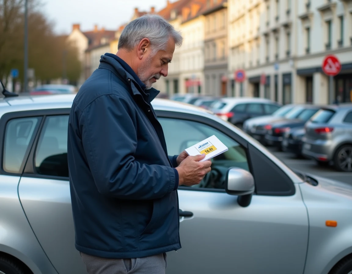 Homme tenant une enveloppe de vignette Crit'Air à côté de sa voiture dans une zone à faibles émissions